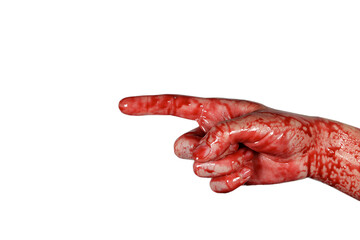 bloody hand points finger isolated on a white, concept of murder, violence, halloween - obrazy, fototapety, plakaty