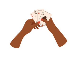 Playing cards in hand flat illustration. Omaha poker game. Poker black-skinned player. Vector illustration for gambling industry