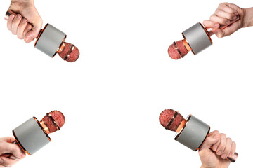 Collage of hands of reporters and journalists with microphones isolated on white