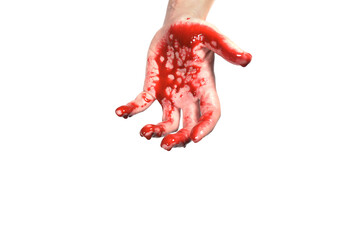 bloody hand isolated on a white, concept of murder, violence, halloween