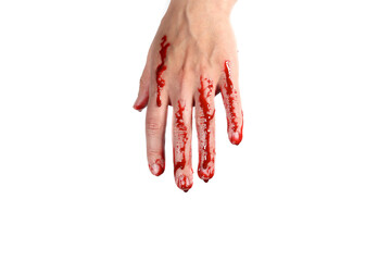 bloody hand isolated on a white, concept of murder, violence, halloween - obrazy, fototapety, plakaty