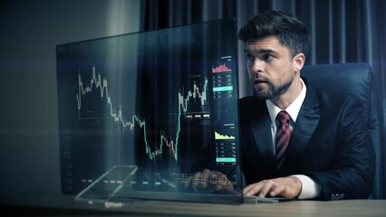 A businessman analyzing stock market, crypto trading, info graphic with animated graphs, charts and data numbers insight on a transparent monitor display screen. Business concept