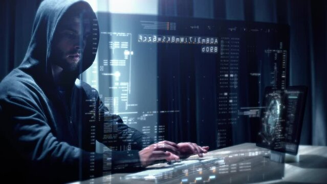 Futuristic Anonymous hacker trying to breached cybersecurity by using algorithm source code to exploit weakness in password security. Concept : Cyber Hacker -  Access denied