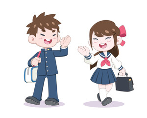 Cute style couple of anime students greeting to each other cartoon illustration
