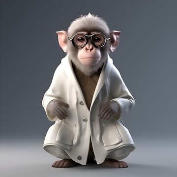 A baby monkey wearing glasses and a doctor's coat. Pet. Animal pictures. Funny animals. AI art.