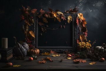 Dark festive backdrop with autumn foliage cascading down. Rustic sign with room for text. Generative AI