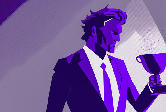 Minimalist illustration of a man in a business suit holding a trophy. Solid colors in shades of purple and white, represents success and distinction. Generative AI