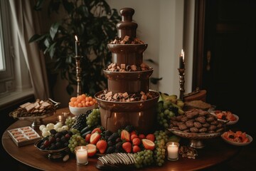 Fototapeta na wymiar Wedding chocolate fountain on a gorgeous fruit-laden table. Generative AI