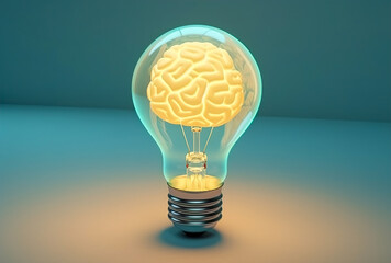 A glowing light bulb with a human brain inside on a pastel background. Smart home concept. Generative ai