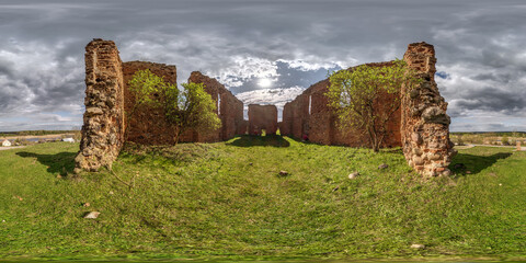 full seamless spherical hdri 360 panorama view at entrance to ruined church with brick wall in equirectangular projection with zenith and nadir, ready for  VR virtual reality content