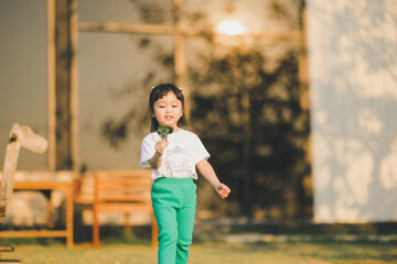 asia baby smile cute girl play on a the outdoor playground with happy time on evening time