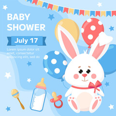 Vector baby shower invitation template. Cartoon childish toy white rabbit with balloons, pacifier, bottle on blue background. Square backdrop, flyer, brochure for event