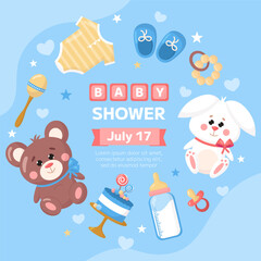 Vector baby shower invitation template poster. Cartoon childish toy bear, rabbit, kids booties, pacifier, bottle on blue background. Square backdrop, flyer, brochure for event
