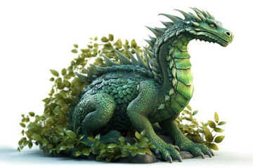 Image of a full length green wooden dragon isolated on a white background. Symbol of 2024. Large dragon surrounded by branches and leaves. High resolution. Generative AI, human enhanced