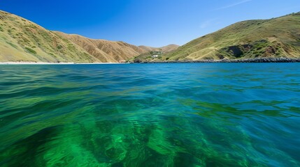 Obraz premium Blue green surface of the ocean in Catalina Island California with gentle ripples on the surface Generative AI