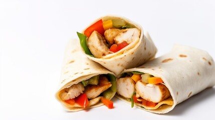 Fajita Wraps Wrapped in Grilled Flour Tortillas and Filled with Variety of Fillings Such as Chicken, Chili and Shrimp and Fresh Vegetables on White Background Generative AI