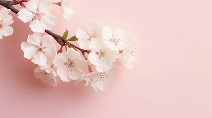 Fototapeta na wymiar Fresh branch of white cherry blossoms on light pink background. Pastel color. Flat lay Generative AI