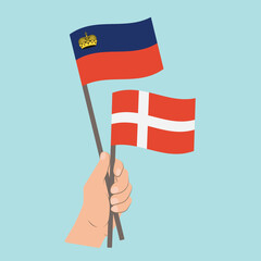 Flags of Liechtenstein and Denmark, Hand Holding flags