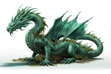 Image of a full length green wooden dragon isolated on a white background. Symbol of 2024. Large dragon surrounded by branches and leaves. High resolution. Generative AI, human enhanced