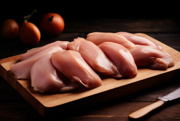 Fresh meat, chicken breasts lying on a kitchen board and a black background. Generative ai