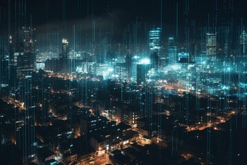 Fototapeta na wymiar Glowing metropolis with coding for tech, future and digital world. Double exposure. Generative AI