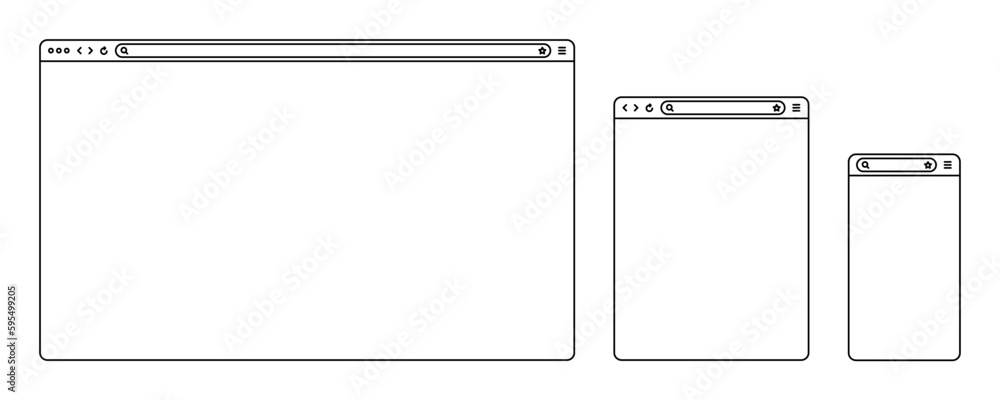 Poster blank web browser, internet page window with toolbar and search field. modern website in flat style,