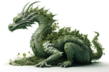 Fototapeta premium Image of a full length green wooden dragon isolated on a white background. Symbol of 2024. Large dragon surrounded by branches and leaves. High resolution. Generative AI, human enhanced