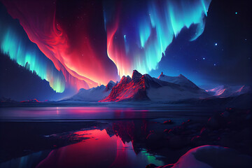 Fototapeta na wymiar Colorful northern light aurora, borealis with red and blue flames over the sky