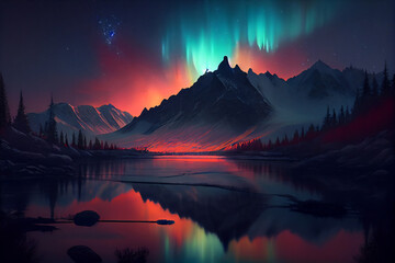 Fototapeta na wymiar Colorful northern light aurora, borealis with red and green flames over the sky