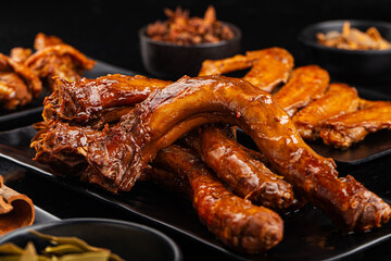 Delicious spiced duck neck on a plate