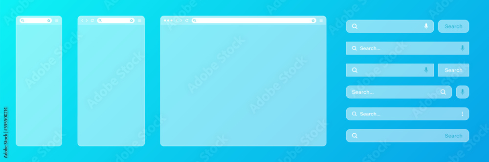 Wall mural blank transparent internet browser window with various search bar templates. web site engine with se