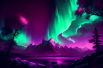 Colorful northern light aurora, borealis with purple and green flames over the sky