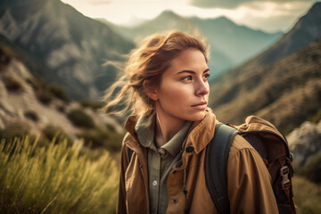 Young woman hiking in the mountains. Hiking, Trekking, Backpacking, Camping In The Mountains Concept.