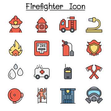 Fireman, Fire Fighter, Fire Station color line icon set
