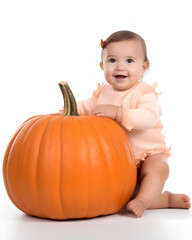 Baby with Halloween, Thanksgiving pumpkin against white background. Autumn, fall advertisement, post, greeting card, banner.
