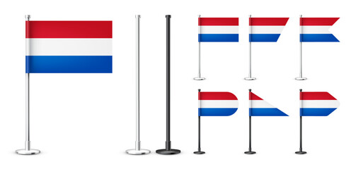 Realistic various Dutch table flags on a chrome steel pole. Souvenir from Netherlands. Desk flag made of paper or fabric, shiny metal stand. Mockup for promotion and advertising. Vector illustration