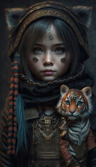 Cyberpunk doll. A modern girl in a cosplay outfit with a tiger cub. Created in AI.