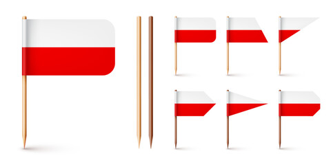 Polish toothpick flags. Souvenir from Poland. Wooden toothpicks with paper flag. Location mark, map pointer. Blank mockup for advertising and promotions. Vector illustration