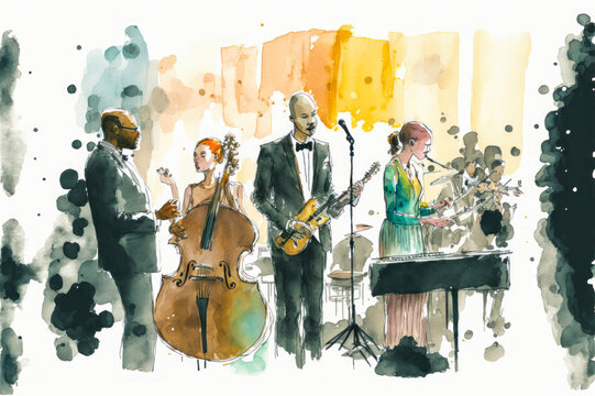 Group of musicians gathered to rehearse on a stage. Diverse in gender and ethnicity, watercolor illustration with cool tones. Sense of professionalism. Generative AI