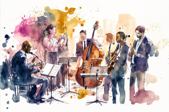A diverse musical group is preparing for a performance on stage. The watercolor composition is made of cool tones with warm touches to draw the eye. Generative AI