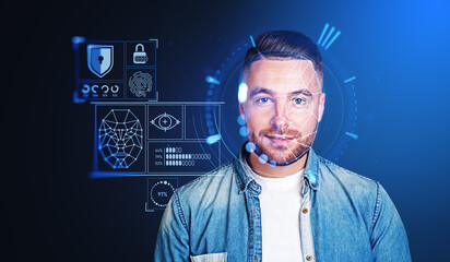 Bearded young man and facial recognition interface