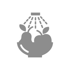 Wash well before eating fruit vector label. Water tap and fruits bawl fill icon.