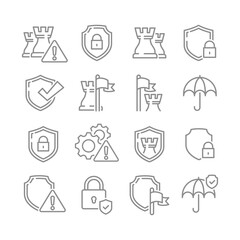 Security line vector icon set. Safety, guard shield and padlock outline icons.