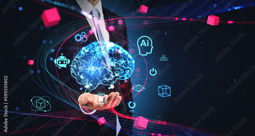 Poster man hand showing ai interface