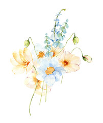 Watercolor minimalistic bouquet, field flowers, poppy, floral arrangement, png illustration.