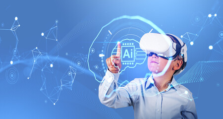 Boy in vr glasses, finger touching digital AI brain hologram hud