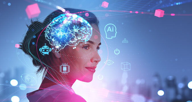 Businesswoman and AI brain hologram, chatbot icons and metaverse