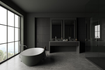 Obraz na płótnie Canvas Gray and wooden bathroom interior with double sink and tub