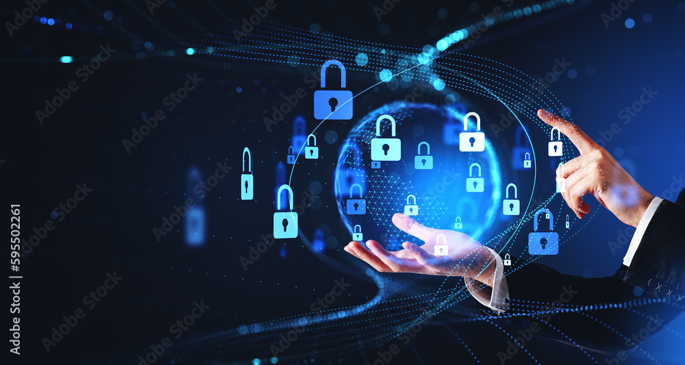 Poster man hands using data protection interface