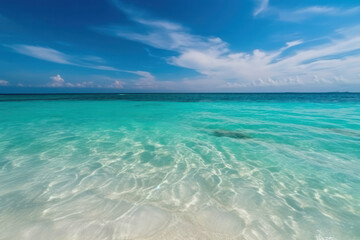 Fototapeta premium Beautiful white sand beach, turquoise ocean and blue sky with clouds on a sunny day. Summer tropical landscape, panoramic view.Generative AI